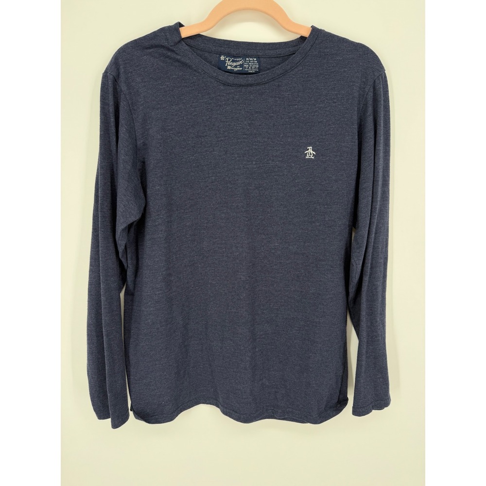 Original Penguin Long Sleeve T-Shirt Men Medium Blue Heathered Cotton Blend Logo